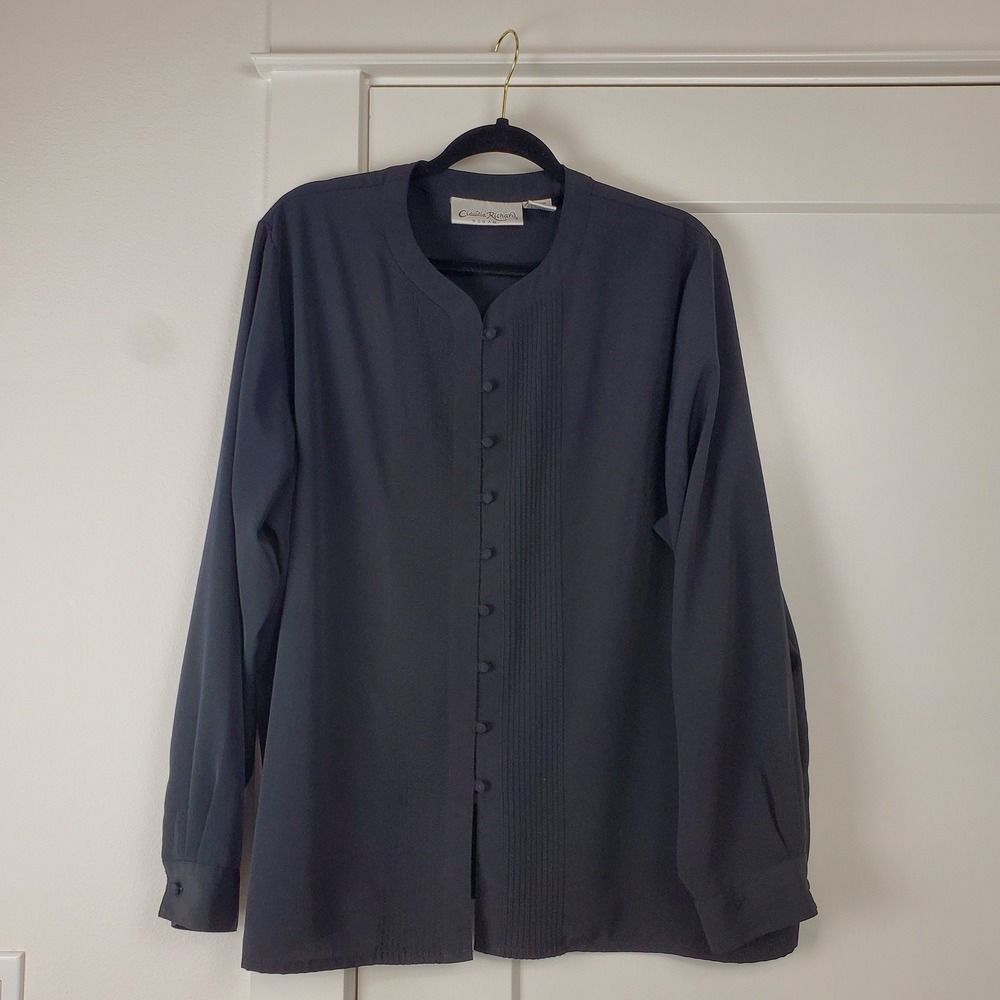 Claudia Richard Blouse Woman 22W Black Pleated Button Front Long Sleeve